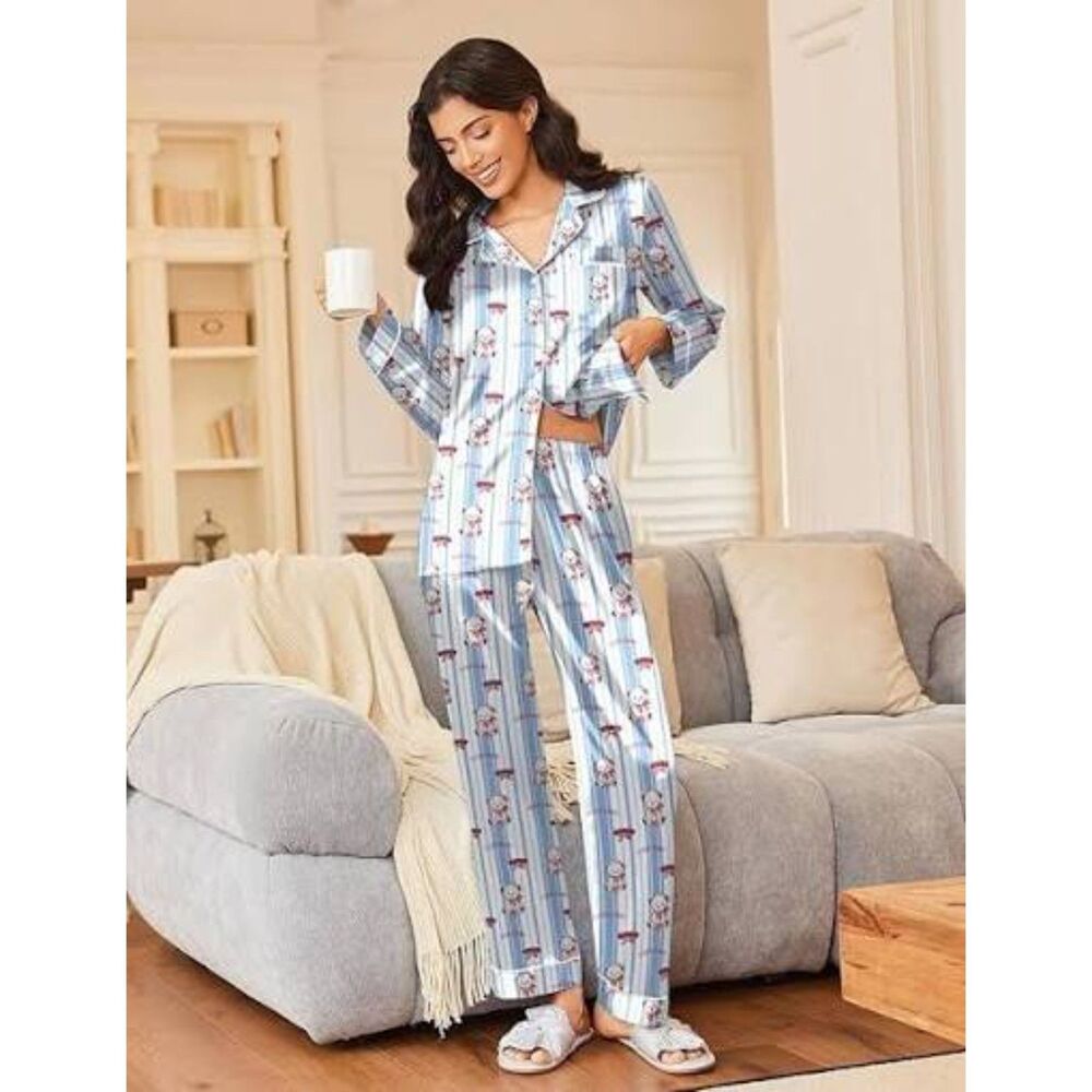 EKOUAER Satin Pajama Set Teddy in Paris Medium NEW NWT